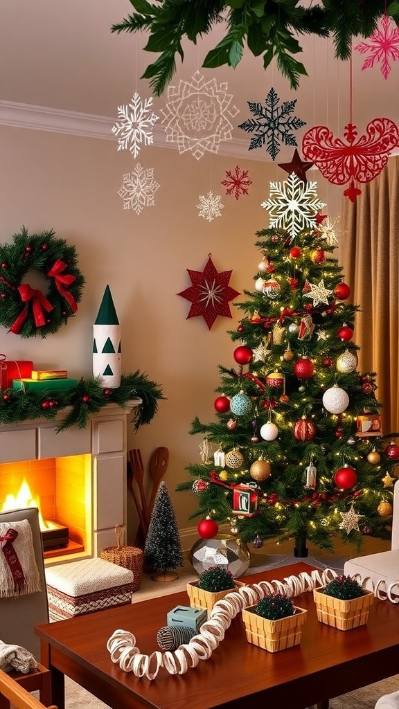 A festive living room with a Christmas tree, handmade ornaments, and paper snowflakes.